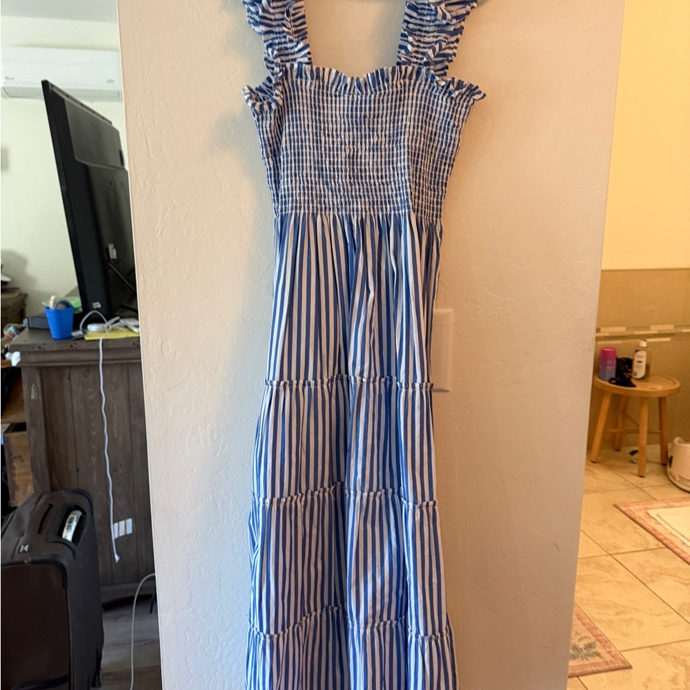 Quince Blue and White Striped Smocked Ruffle-Strap One-Piece